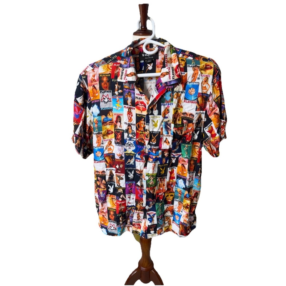 RARE HTF Vintage Pacsun Playboy Button Up Shirt Centerfold Magazine Covers 90s S